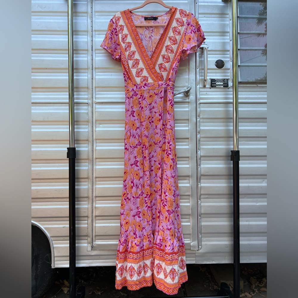 Pink paisley floral wrap maxi dress